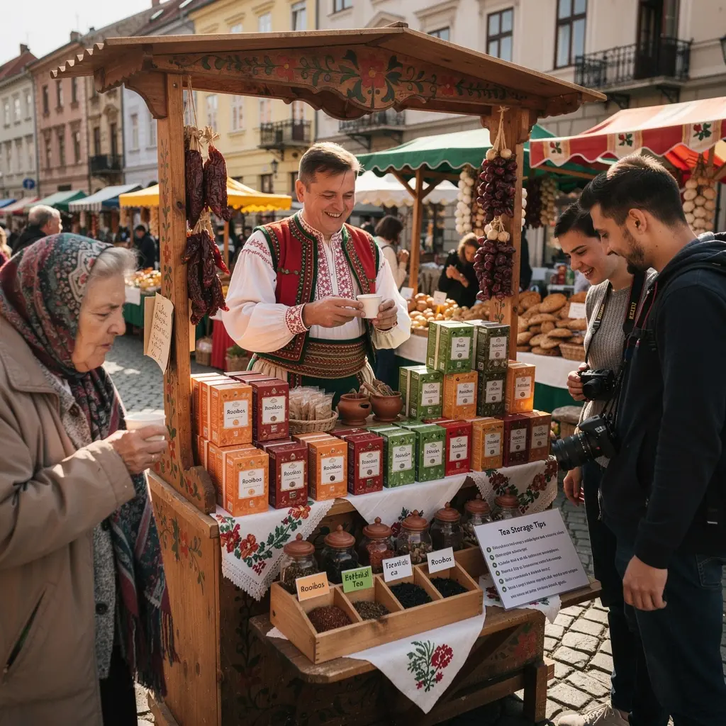 Koffeinmentes teák különböző ízeinek bemutatása egy asztalon.