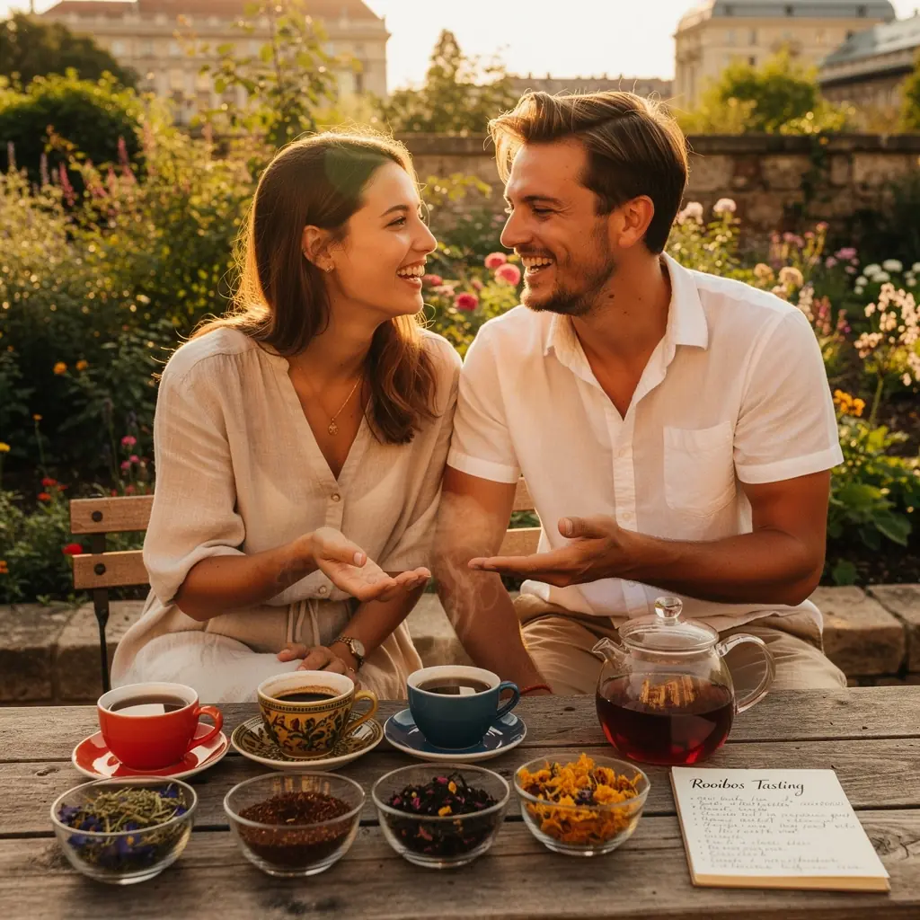 Rooibos tea csészében, mellette egészséges snackekkel az asztalon.